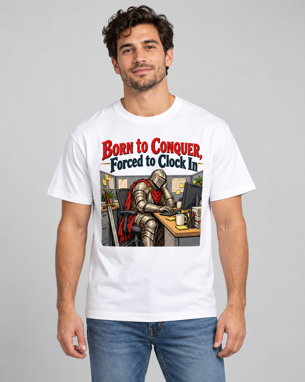 Born to Conquer Knight at a Desk T-Shirt